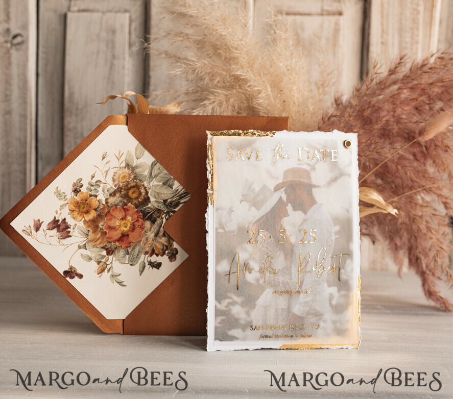 SAVE THE DATES photo vellum plexi   Terracotta Save the Date Cards with Photo, Burnt Orange Vellum Golden Save Our Dates with Photo 