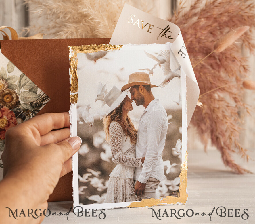 SAVE THE DATES photo vellum plexi   Terracotta Save the Date Cards with Photo, Burnt Orange Vellum Golden Save Our Dates with Photo 