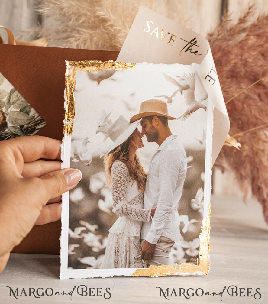 SAVE THE DATES photo vellum plexi   Terracotta Save the Date Cards with Photo, Burnt Orange Vellum Golden Save Our Dates with Photo 