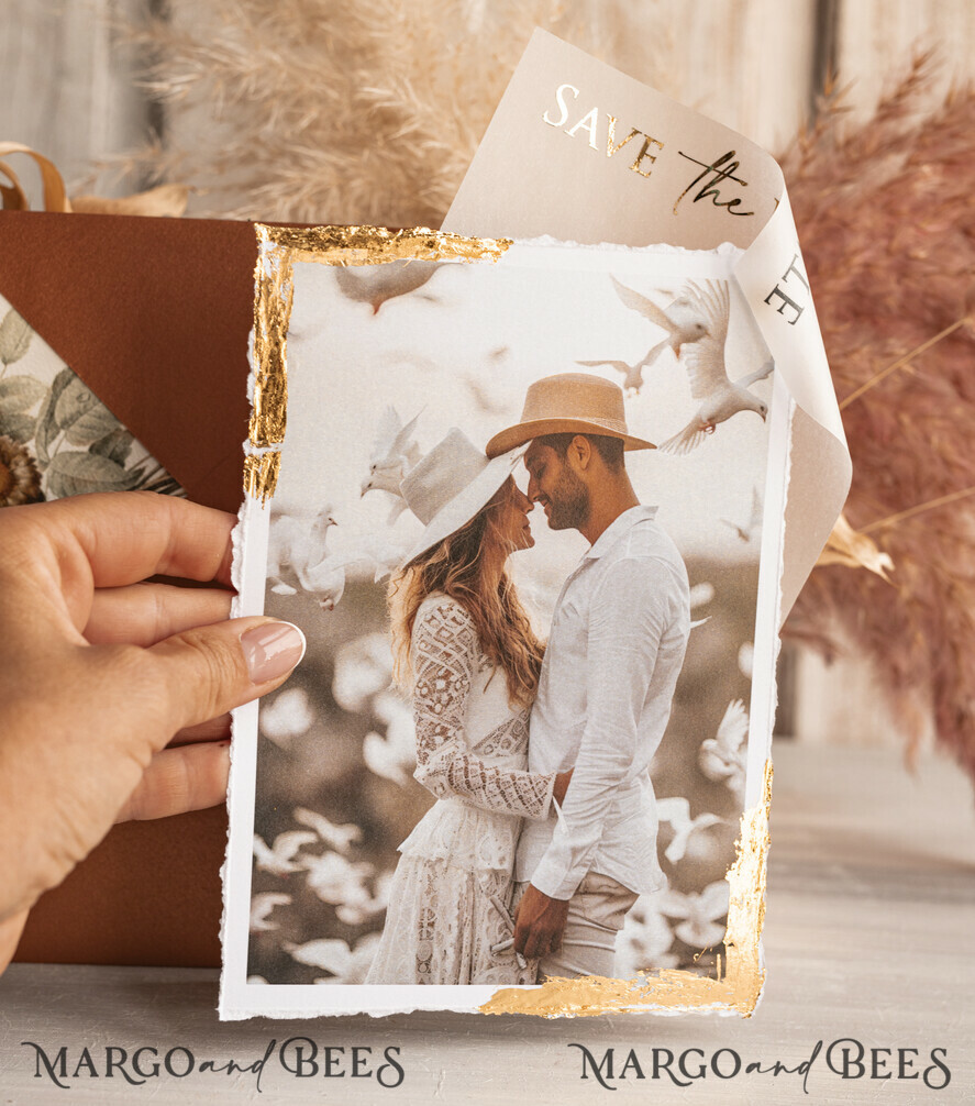 SAVE THE DATES photo vellum plexi   Terracotta Save the Date Cards with Photo, Burnt Orange Vellum Golden Save Our Dates with Photo 