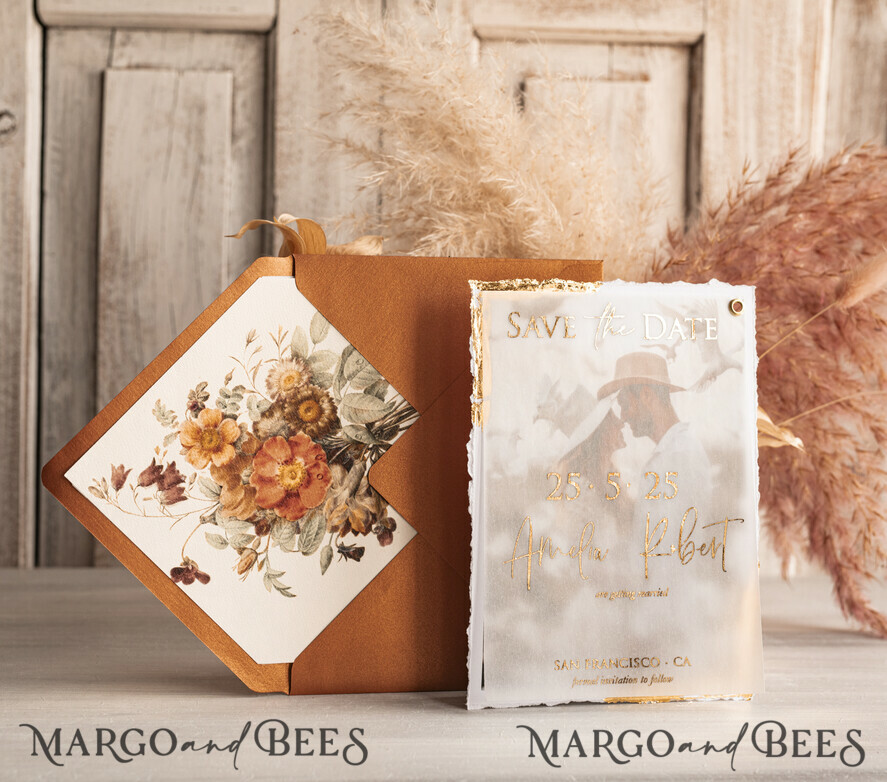 SAVE THE DATES photo vellum plexi   Terracotta Save the Date Cards with Photo, Burnt Orange Vellum Golden Save Our Dates with Photo 