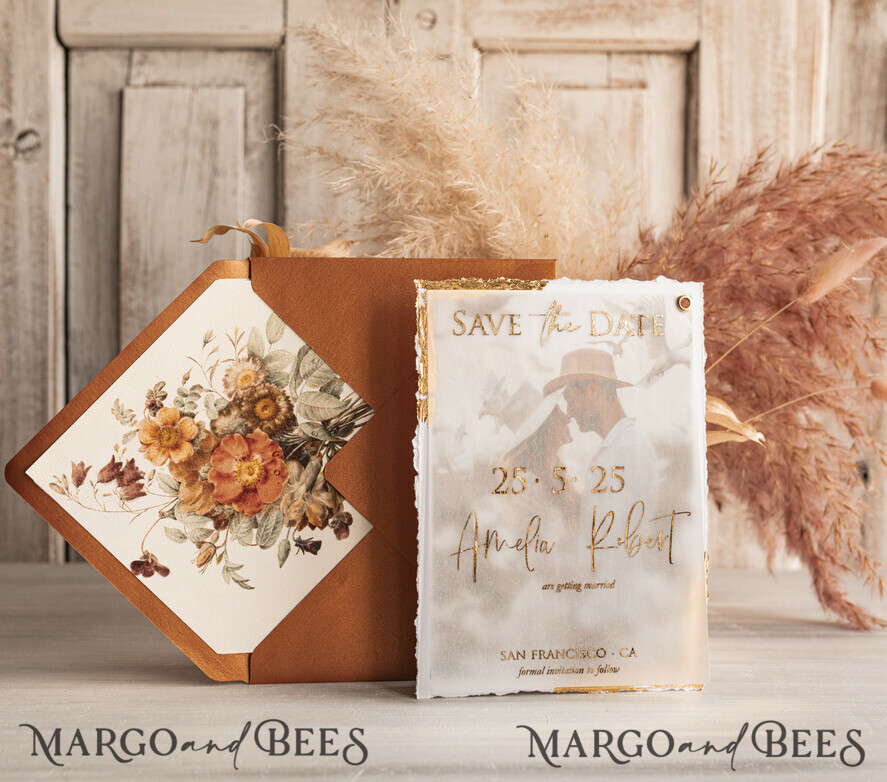 SAVE THE DATES photo vellum plexi   Terracotta Save the Date Cards with Photo, Burnt Orange Vellum Golden Save Our Dates with Photo 