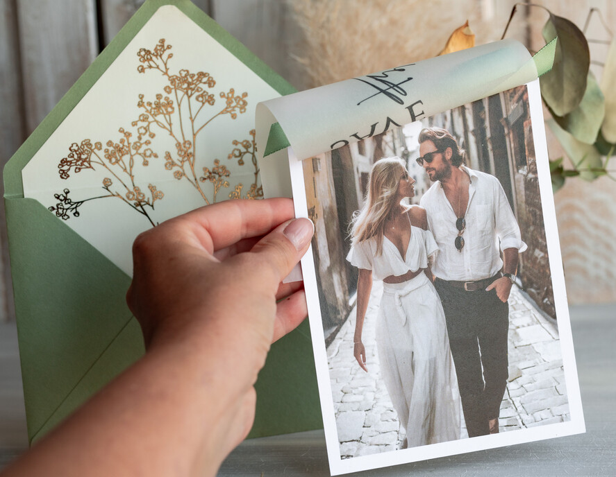 SAVE THE DATES photo vellum plexi  Sage green  Save the Date Cards with Photo, Baby breath lowers Save Our Dates with Photo Gold Foil Calendar Cards 