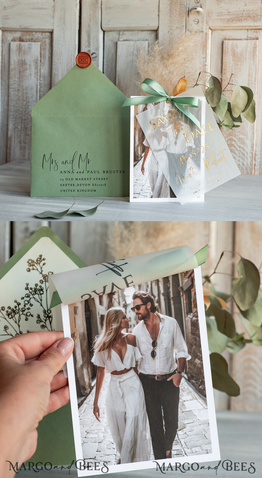 SAVE THE DATES photo vellum plexi  Sage green  Save the Date Cards with Photo, Baby breath lowers Save Our Dates with Photo Gold Foil Calendar Cards 