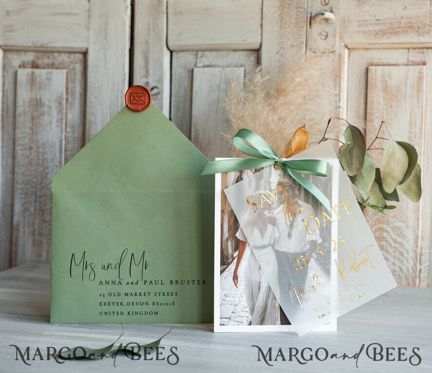 SAVE THE DATES photo vellum plexi  Sage green  Save the Date Cards with Photo, Baby breath lowers Save Our Dates with Photo Gold Foil Calendar Cards 