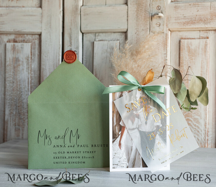 SAVE THE DATES photo vellum plexi  Sage green  Save the Date Cards with Photo, Baby breath lowers Save Our Dates with Photo Gold Foil Calendar Cards 