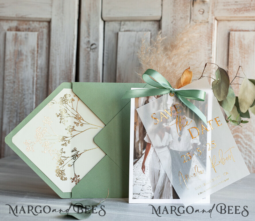 SAVE THE DATES photo vellum plexi  Sage green  Save the Date Cards with Photo, Baby breath lowers Save Our Dates with Photo Gold Foil Calendar Cards 