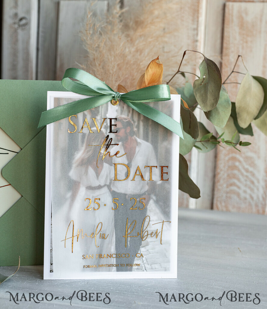 SAVE THE DATES photo vellum plexi  Sage green  Save the Date Cards with Photo, Baby breath lowers Save Our Dates with Photo Gold Foil Calendar Cards 