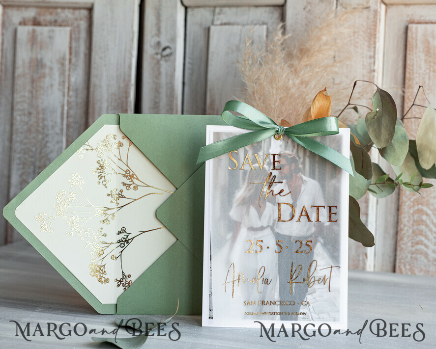 SAVE THE DATES photo vellum plexi  Sage green  Save the Date Cards with Photo, Baby breath lowers Save Our Dates with Photo Gold Foil Calendar Cards 