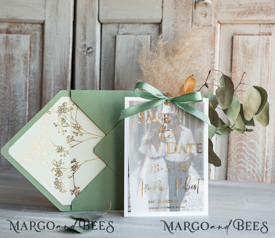SAVE THE DATES photo vellum plexi  Sage green  Save the Date Cards with Photo, Baby breath lowers Save Our Dates with Photo Gold Foil Calendar Cards 
