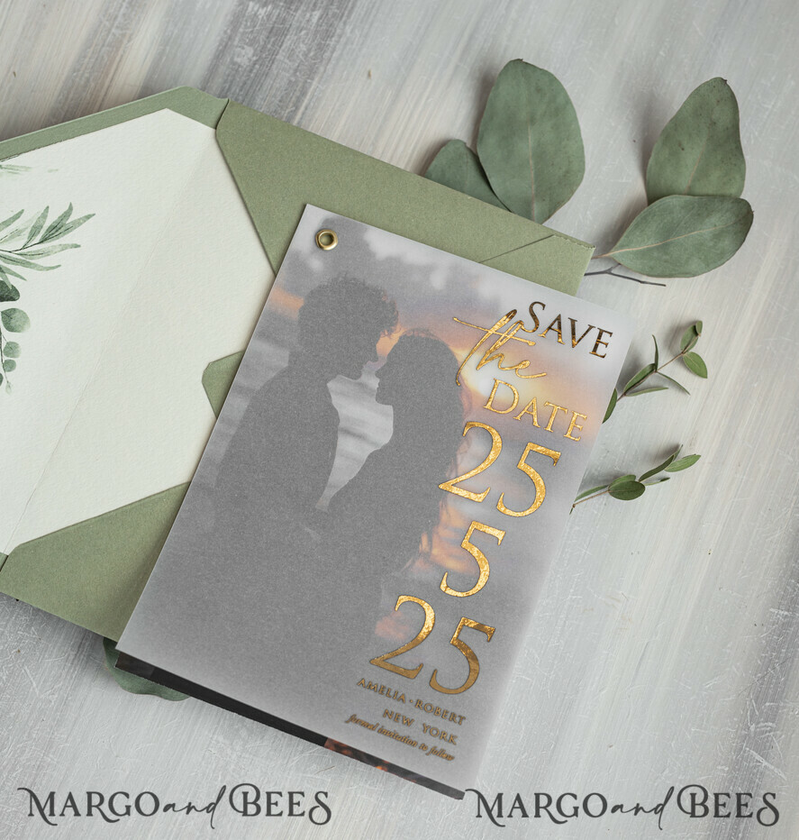 SAVE THE DATES photo vellum plexi  sage green Gold eucalyptus Save the Date Cards with Photo, Vellum Save Our Dates with Photo Gold Foil Calendar Cards 