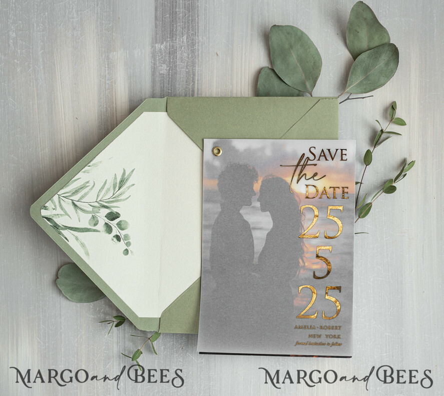 SAVE THE DATES photo vellum plexi  sage green Gold eucalyptus Save the Date Cards with Photo, Vellum Save Our Dates with Photo Gold Foil Calendar Cards 