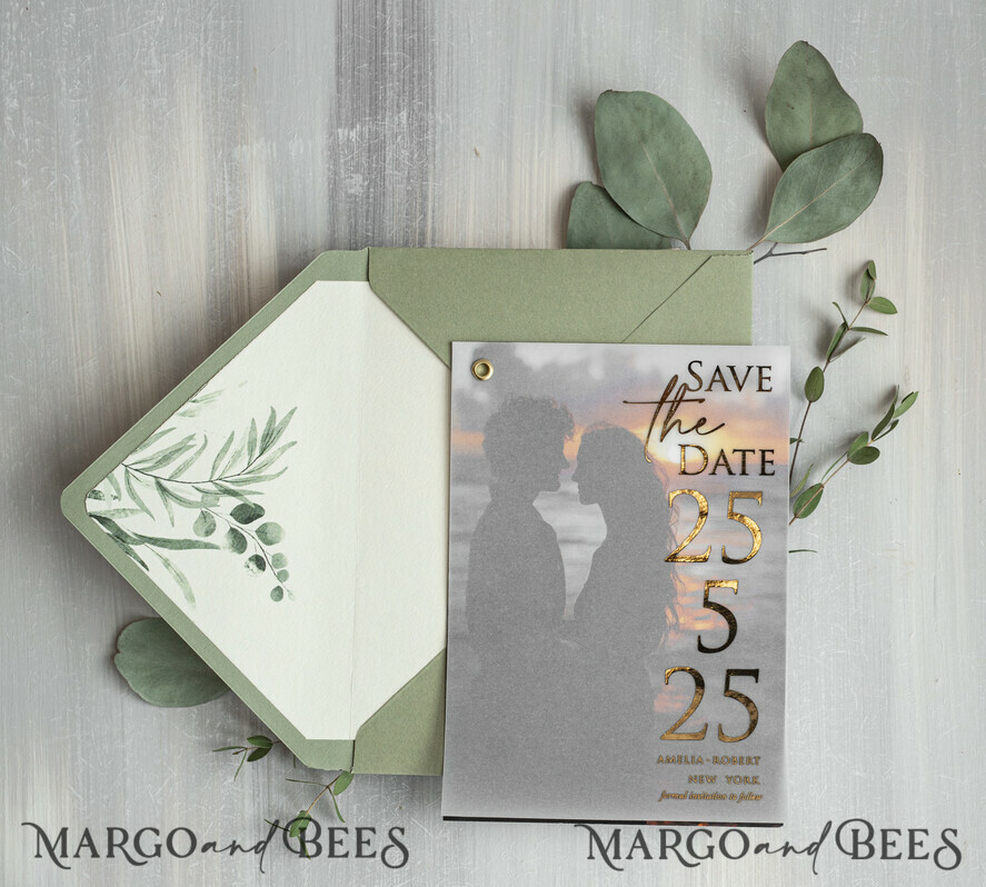 SAVE THE DATES photo vellum plexi  sage green Gold eucalyptus Save the Date Cards with Photo, Vellum Save Our Dates with Photo Gold Foil Calendar Cards 