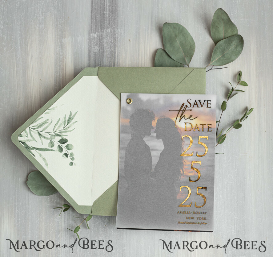 SAVE THE DATES photo vellum plexi  sage green Gold eucalyptus Save the Date Cards with Photo, Vellum Save Our Dates with Photo Gold Foil Calendar Cards 