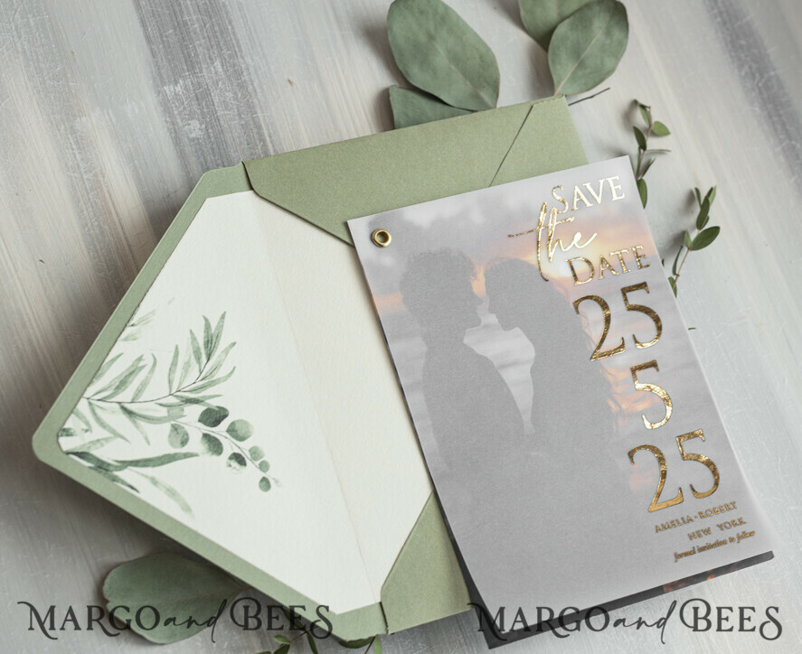 SAVE THE DATES photo vellum plexi  sage green Gold eucalyptus Save the Date Cards with Photo, Vellum Save Our Dates with Photo Gold Foil Calendar Cards 