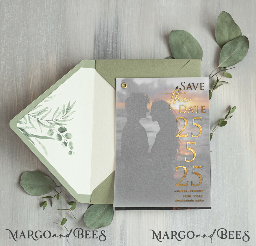 SAVE THE DATES photo vellum plexi  sage green Gold eucalyptus Save the Date Cards with Photo, Vellum Save Our Dates with Photo Gold Foil Calendar Cards 