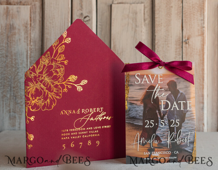 SAVE THE DATES photo vellum plexi  Maroon Burgundy Callendar Clear Gold Save the Date Cards with Photo, Plexi Save Our Dates with Photo 