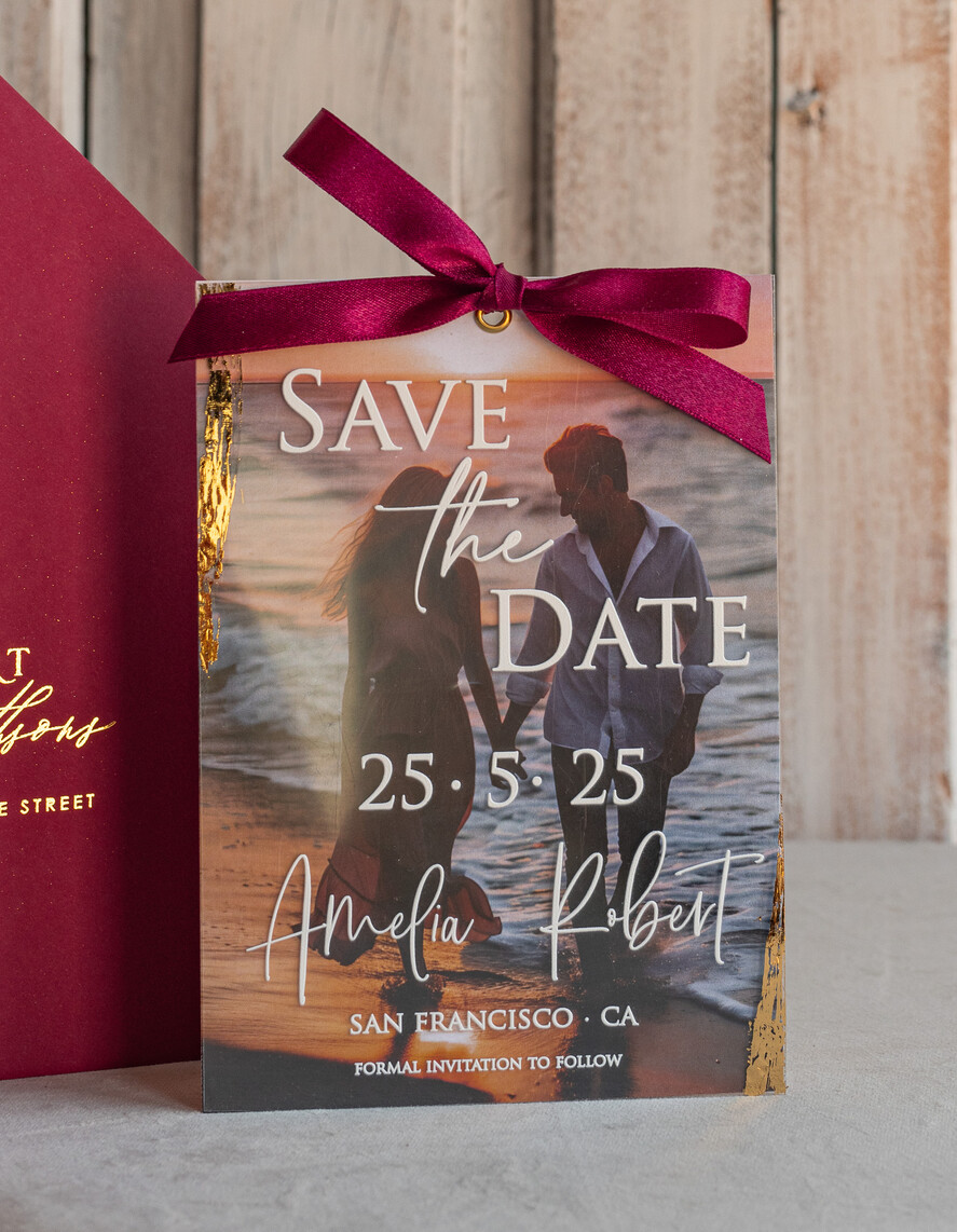 SAVE THE DATES photo vellum plexi  Maroon Burgundy Callendar Clear Gold Save the Date Cards with Photo, Plexi Save Our Dates with Photo 