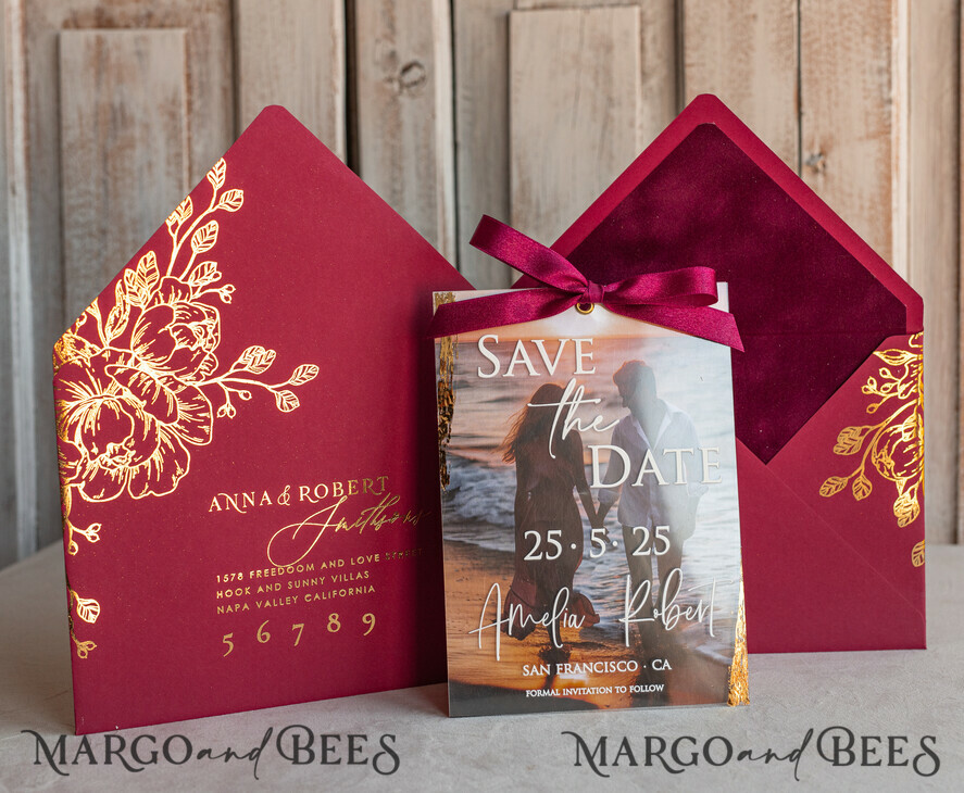 SAVE THE DATES photo vellum plexi  Maroon Burgundy Callendar Clear Gold Save the Date Cards with Photo, Plexi Save Our Dates with Photo 