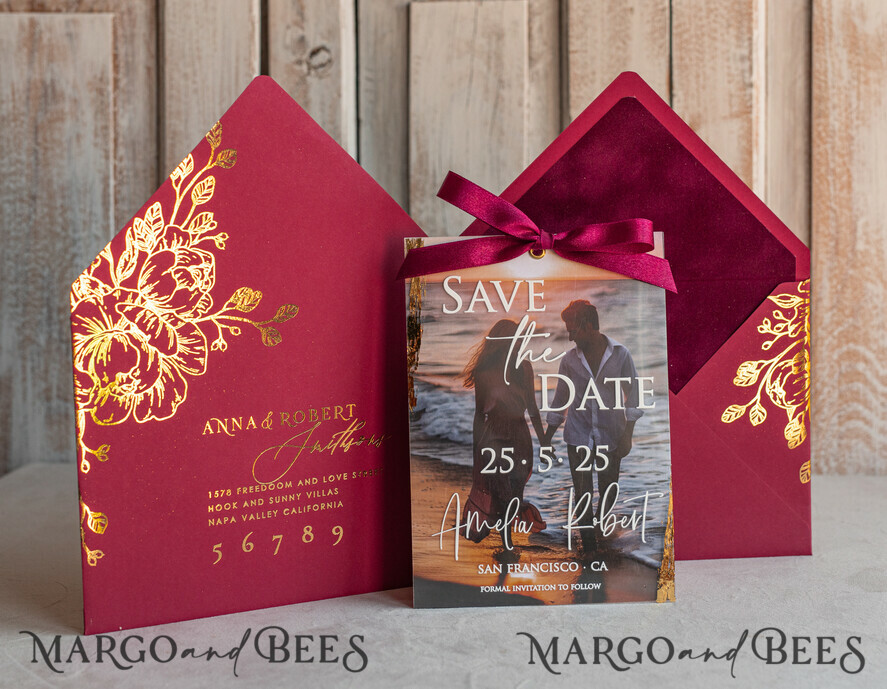 SAVE THE DATES photo vellum plexi  Maroon Burgundy Callendar Clear Gold Save the Date Cards with Photo, Plexi Save Our Dates with Photo 