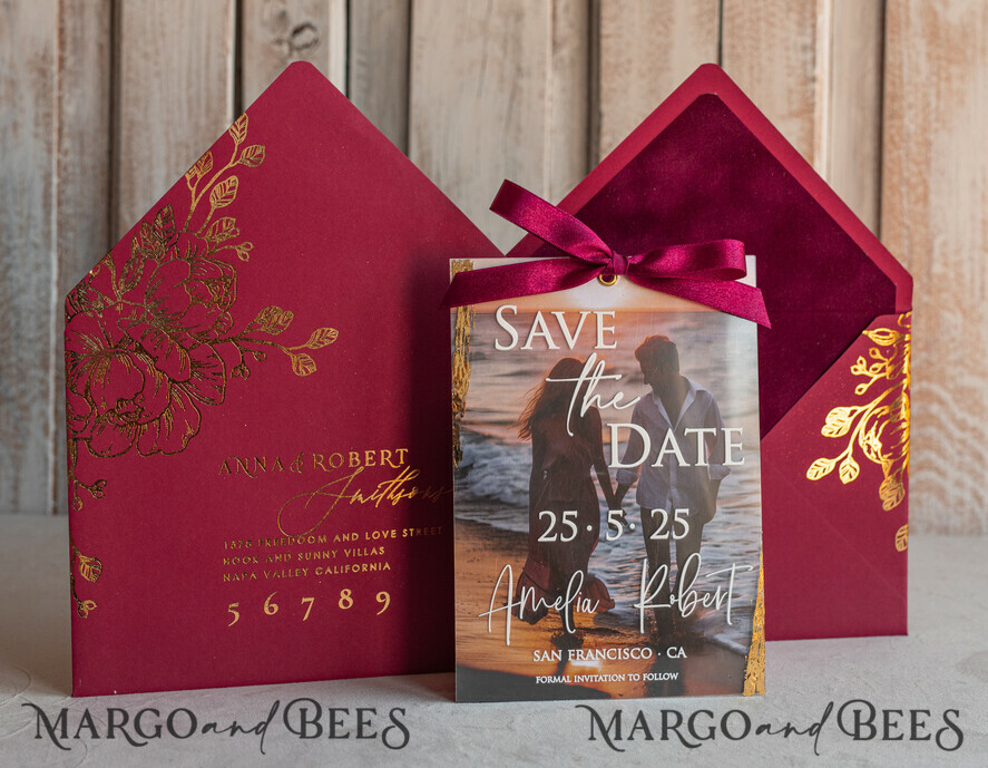 SAVE THE DATES photo vellum plexi  Maroon Burgundy Callendar Clear Gold Save the Date Cards with Photo, Plexi Save Our Dates with Photo 