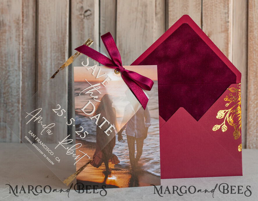 SAVE THE DATES photo vellum plexi  Maroon Burgundy Callendar Clear Gold Save the Date Cards with Photo, Plexi Save Our Dates with Photo 