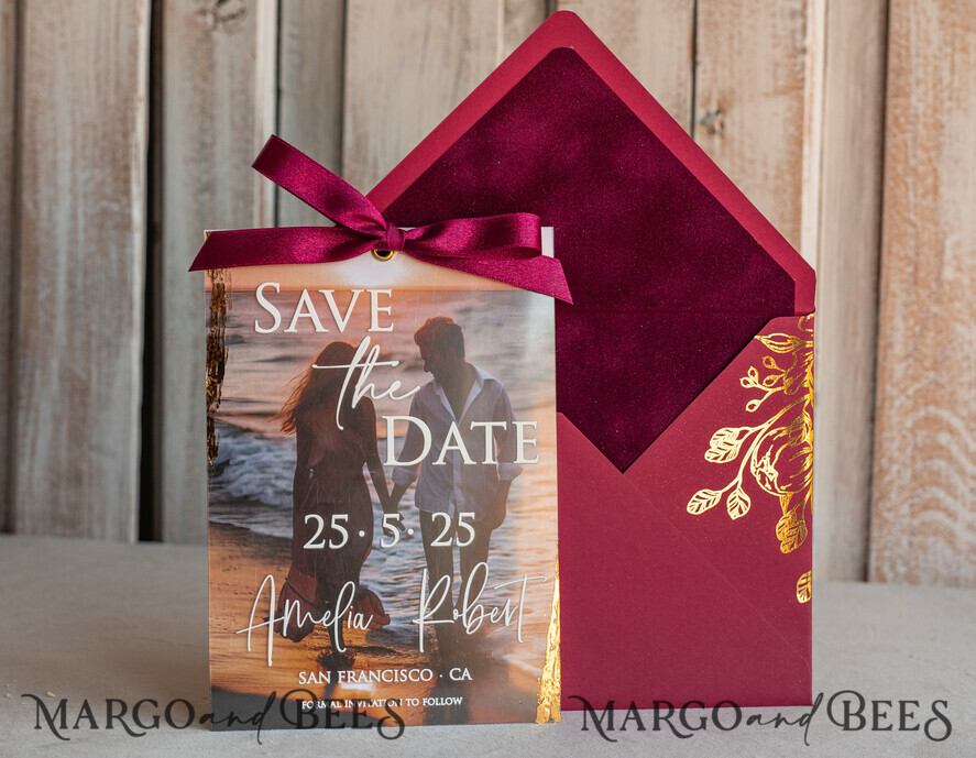 SAVE THE DATES photo vellum plexi  Maroon Burgundy Callendar Clear Gold Save the Date Cards with Photo, Plexi Save Our Dates with Photo 
