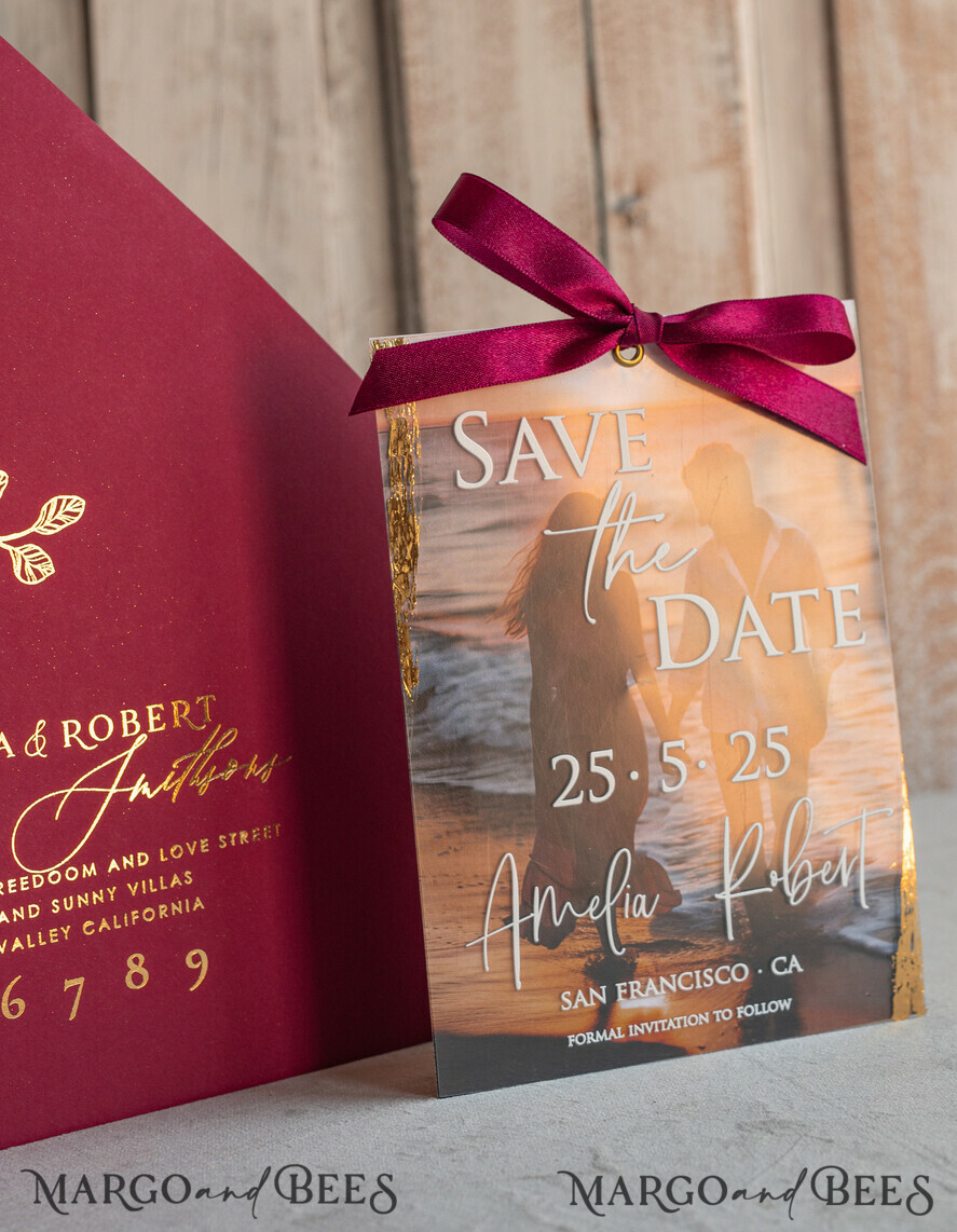 SAVE THE DATES photo vellum plexi  Maroon Burgundy Callendar Clear Gold Save the Date Cards with Photo, Plexi Save Our Dates with Photo 