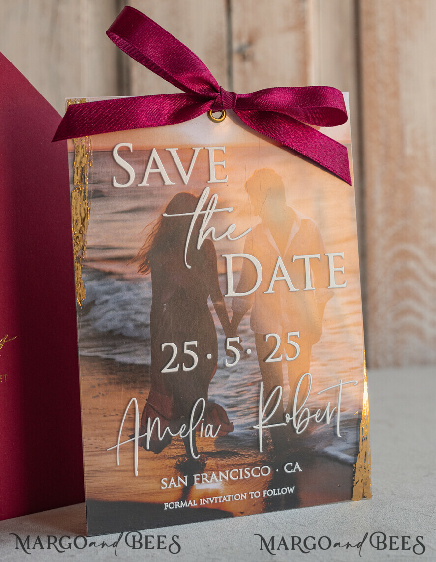 SAVE THE DATES photo vellum plexi  Maroon Burgundy Callendar Clear Gold Save the Date Cards with Photo, Plexi Save Our Dates with Photo 