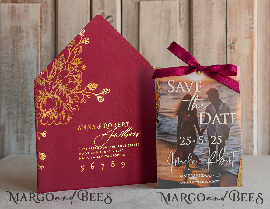SAVE THE DATES photo vellum plexi  Maroon Burgundy Callendar Clear Gold Save the Date Cards with Photo, Plexi Save Our Dates with Photo 