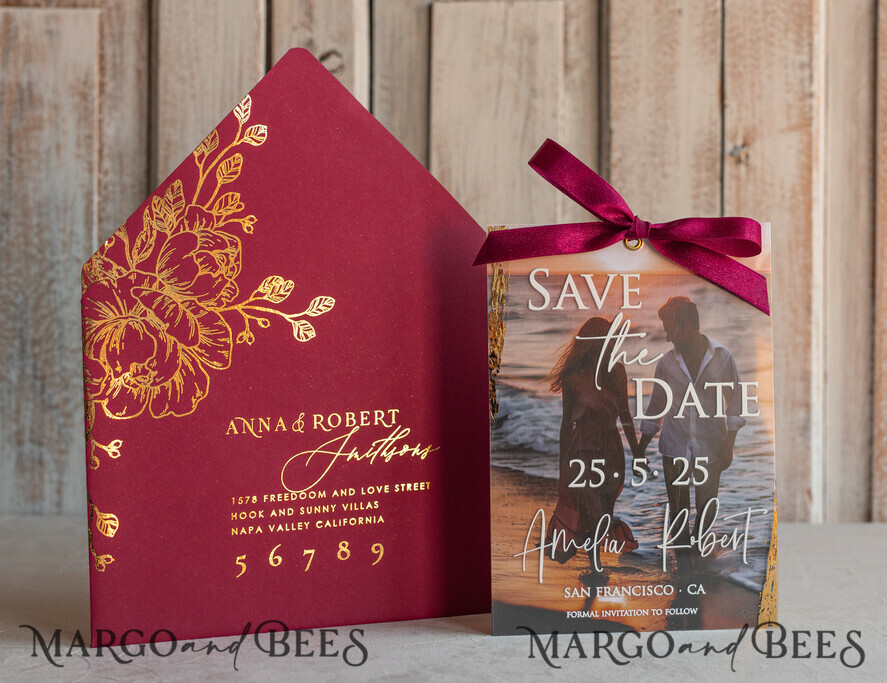 SAVE THE DATES photo vellum plexi  Maroon Burgundy Callendar Clear Gold Save the Date Cards with Photo, Plexi Save Our Dates with Photo 