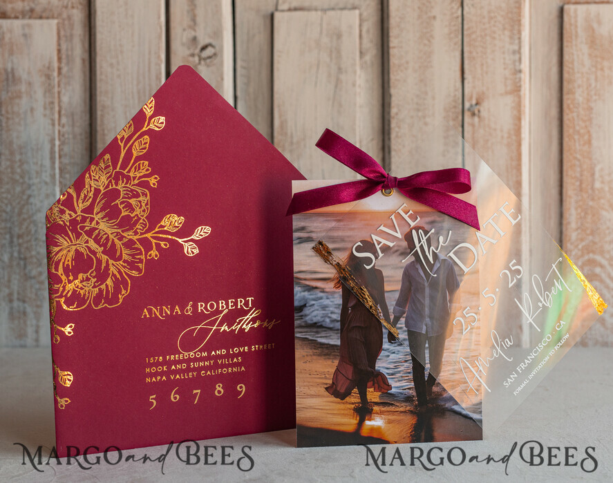 SAVE THE DATES photo vellum plexi  Maroon Burgundy Callendar Clear Gold Save the Date Cards with Photo, Plexi Save Our Dates with Photo 