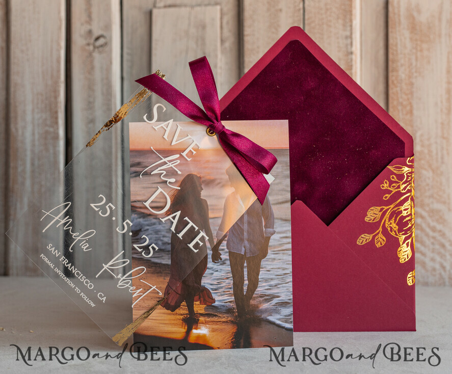 SAVE THE DATES photo vellum plexi  Maroon Burgundy Callendar Clear Gold Save the Date Cards with Photo, Plexi Save Our Dates with Photo 