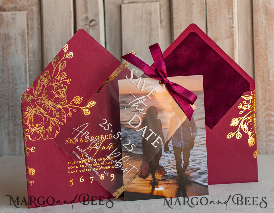 SAVE THE DATES photo vellum plexi  Maroon Burgundy Callendar Clear Gold Save the Date Cards with Photo, Plexi Save Our Dates with Photo 