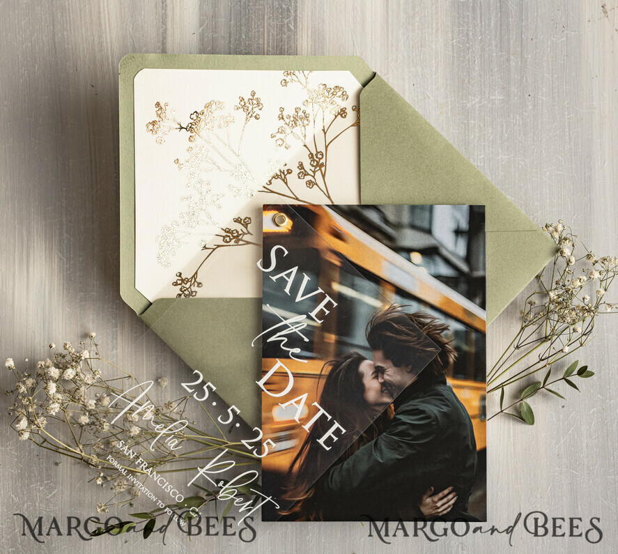 SAVE THE DATES photo vellum plexi  Sage Green Baby Breath  Save the Date Cards with Photo, Greenery Plexi Clear Save Our Dates with Photo 