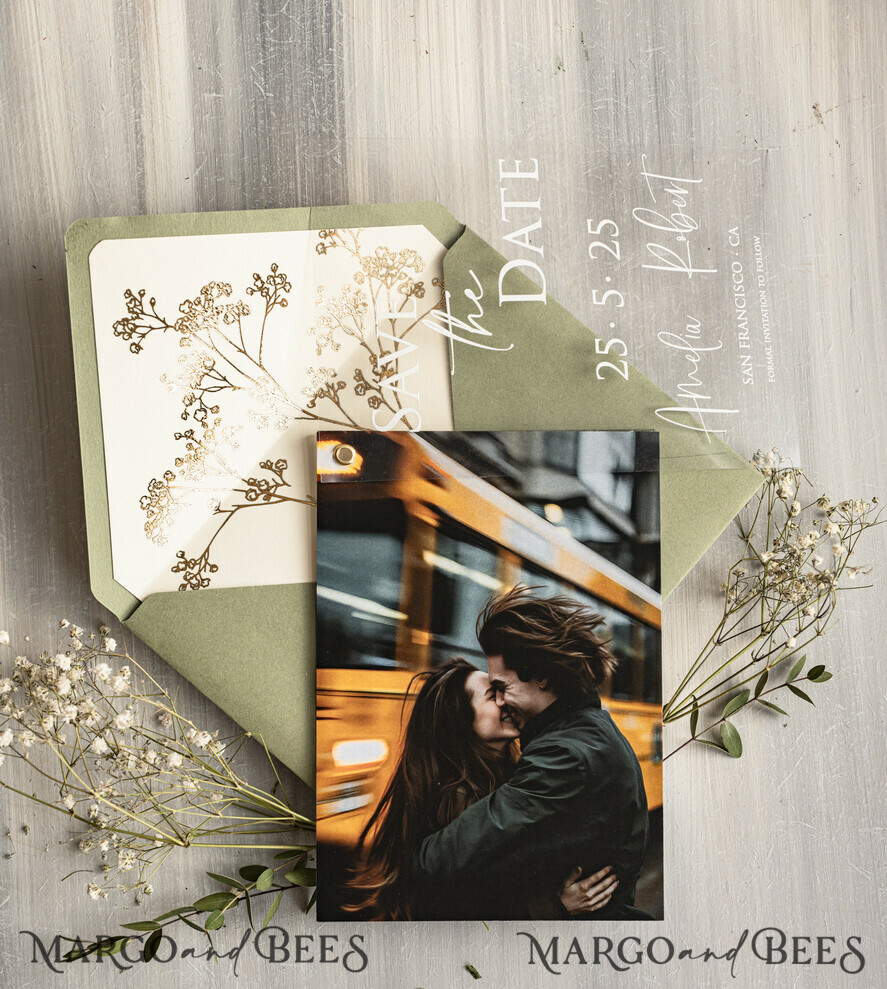 SAVE THE DATES photo vellum plexi  Sage Green Baby Breath  Save the Date Cards with Photo, Greenery Plexi Clear Save Our Dates with Photo 