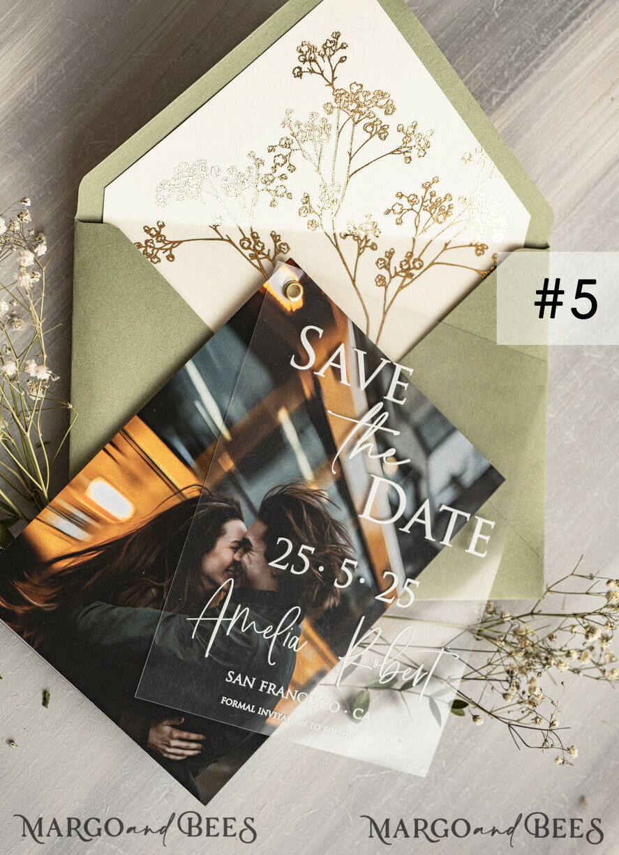 SAVE THE DATES photo vellum plexi  Sage Green Baby Breath  Save the Date Cards with Photo, Greenery Plexi Clear Save Our Dates with Photo 