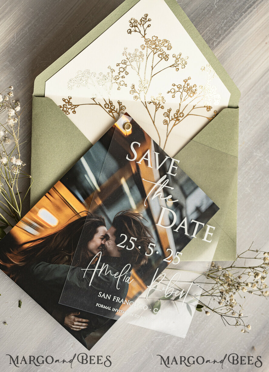 SAVE THE DATES photo vellum plexi  Sage Green Baby Breath  Save the Date Cards with Photo, Greenery Plexi Clear Save Our Dates with Photo 