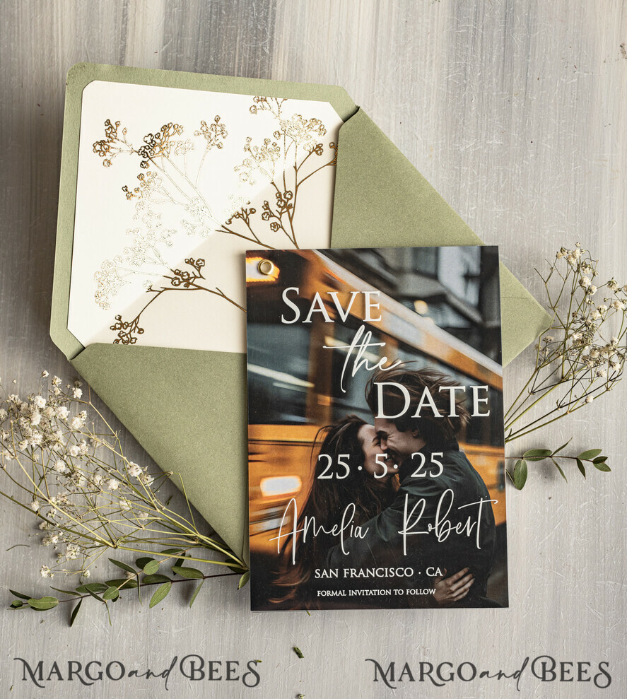 SAVE THE DATES photo vellum plexi  Sage Green Baby Breath  Save the Date Cards with Photo, Greenery Plexi Clear Save Our Dates with Photo 