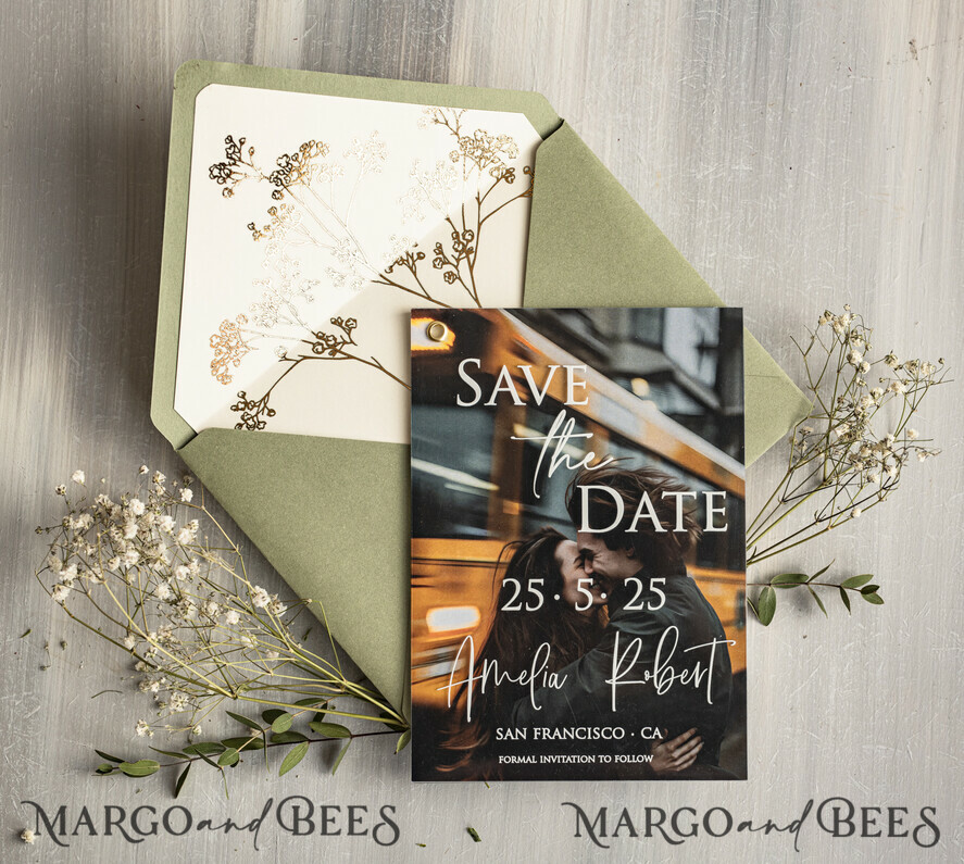 SAVE THE DATES photo vellum plexi  Sage Green Baby Breath  Save the Date Cards with Photo, Greenery Plexi Clear Save Our Dates with Photo 