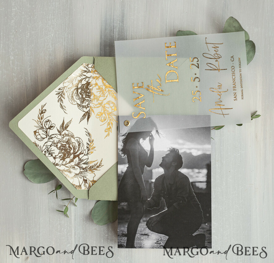 SAVE THE DATES photo vellum plexi  sage green Gold Peonies Save the Date Cards with Photo, Vellum Save Our Dates with Photo Gold Foil Calendar Cards 