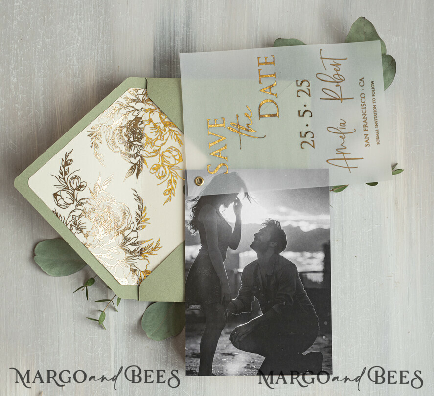 SAVE THE DATES photo vellum plexi  sage green Gold Peonies Save the Date Cards with Photo, Vellum Save Our Dates with Photo Gold Foil Calendar Cards 