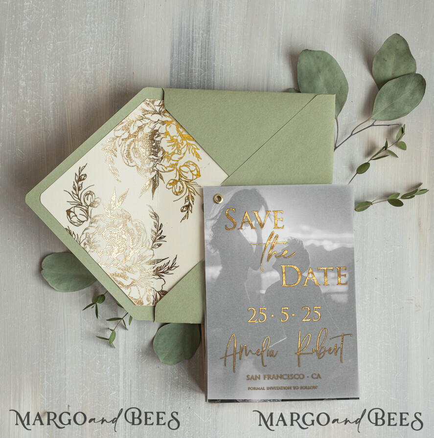 SAVE THE DATES photo vellum plexi  sage green Gold Peonies Save the Date Cards with Photo, Vellum Save Our Dates with Photo Gold Foil Calendar Cards 