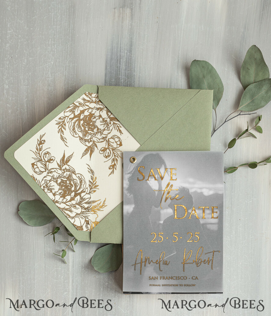 SAVE THE DATES photo vellum plexi  sage green Gold Peonies Save the Date Cards with Photo, Vellum Save Our Dates with Photo Gold Foil Calendar Cards 