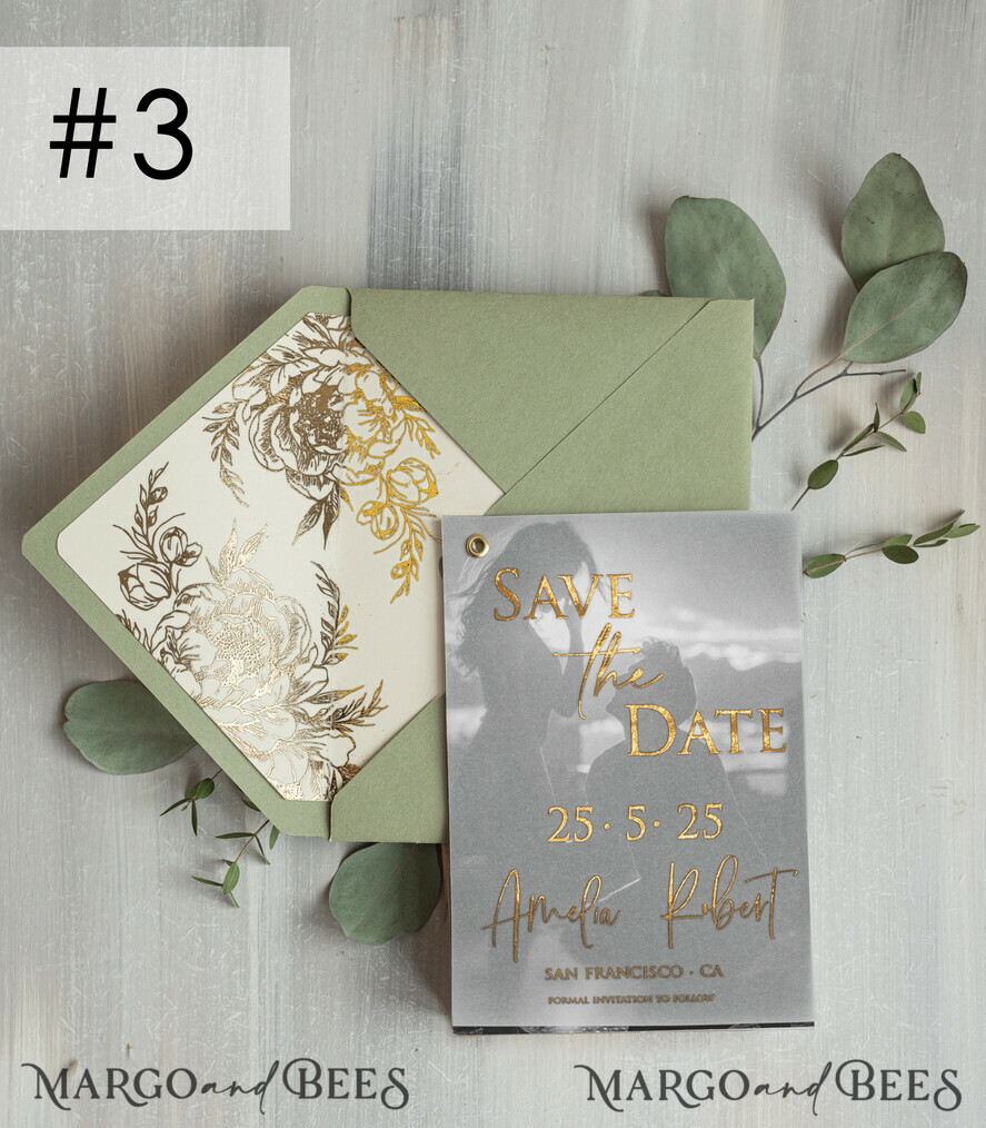 SAVE THE DATES photo vellum plexi  sage green Gold Peonies Save the Date Cards with Photo, Vellum Save Our Dates with Photo Gold Foil Calendar Cards 