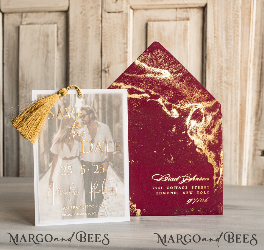 SAVE THE DATES photo vellum plexi  Maroon Tassel Gold Marble Save the Date Cards with Photo, Burgundy Vellum Save Our Dates with Photo Gold Foil Calendar Cards 