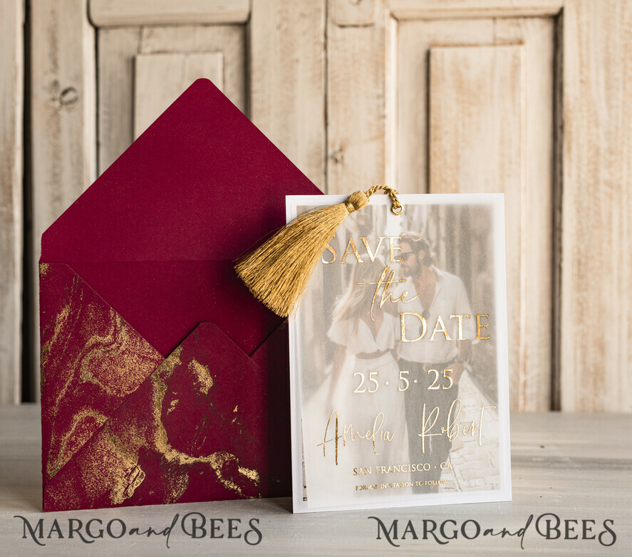 SAVE THE DATES photo vellum plexi  Maroon Tassel Gold Marble Save the Date Cards with Photo, Burgundy Vellum Save Our Dates with Photo Gold Foil Calendar Cards 