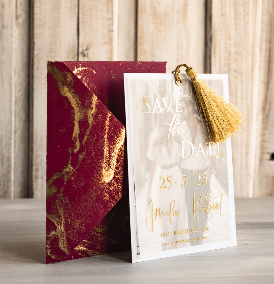 SAVE THE DATES photo vellum plexi  Maroon Tassel Gold Marble Save the Date Cards with Photo, Burgundy Vellum Save Our Dates with Photo Gold Foil Calendar Cards 