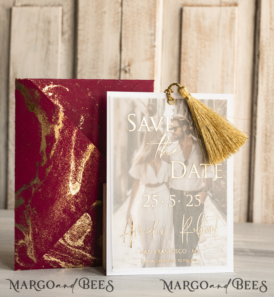 SAVE THE DATES photo vellum plexi  Maroon Tassel Gold Marble Save the Date Cards with Photo, Burgundy Vellum Save Our Dates with Photo Gold Foil Calendar Cards 
