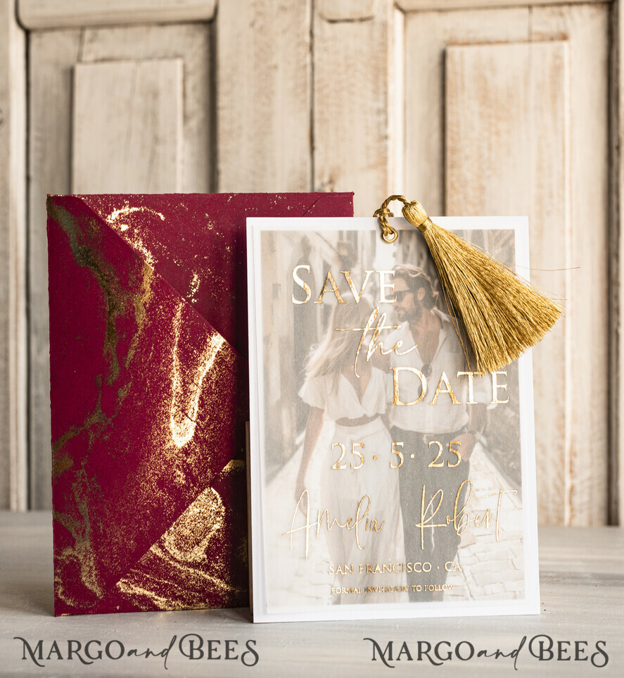 SAVE THE DATES photo vellum plexi  Maroon Tassel Gold Marble Save the Date Cards with Photo, Burgundy Vellum Save Our Dates with Photo Gold Foil Calendar Cards 